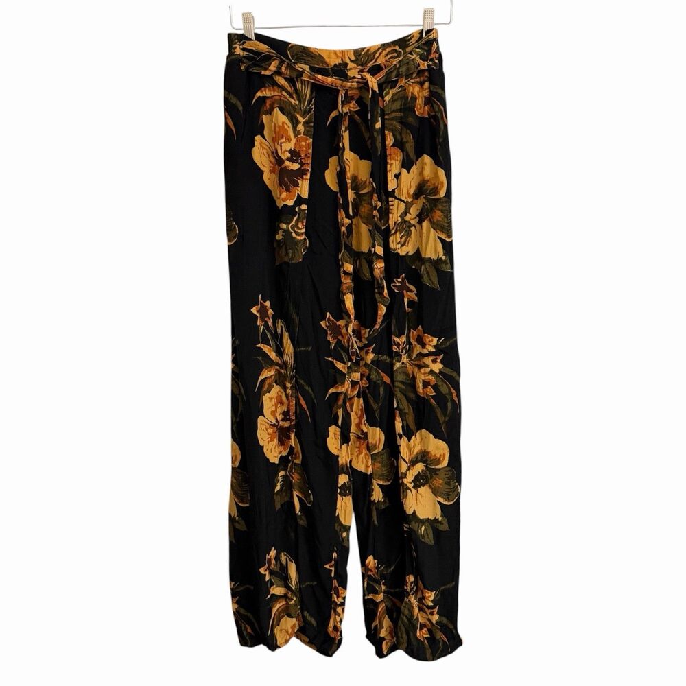 Faithfull The Brand Wrap Pants‎ Large Black Orange Floral Palazzo Side Slits